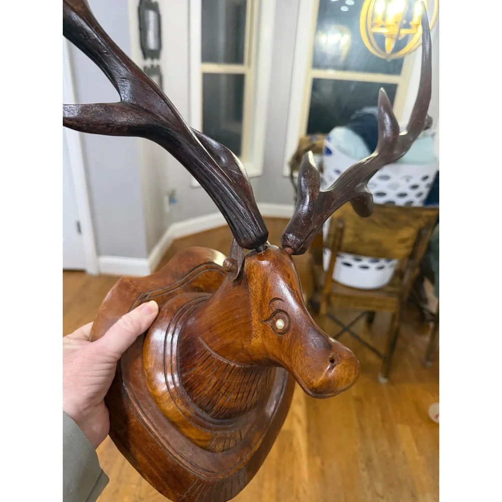 Vintage Hand Carved Wood Deer Head Wall Mount Antlers Rustic Lodge Decor 11 inch